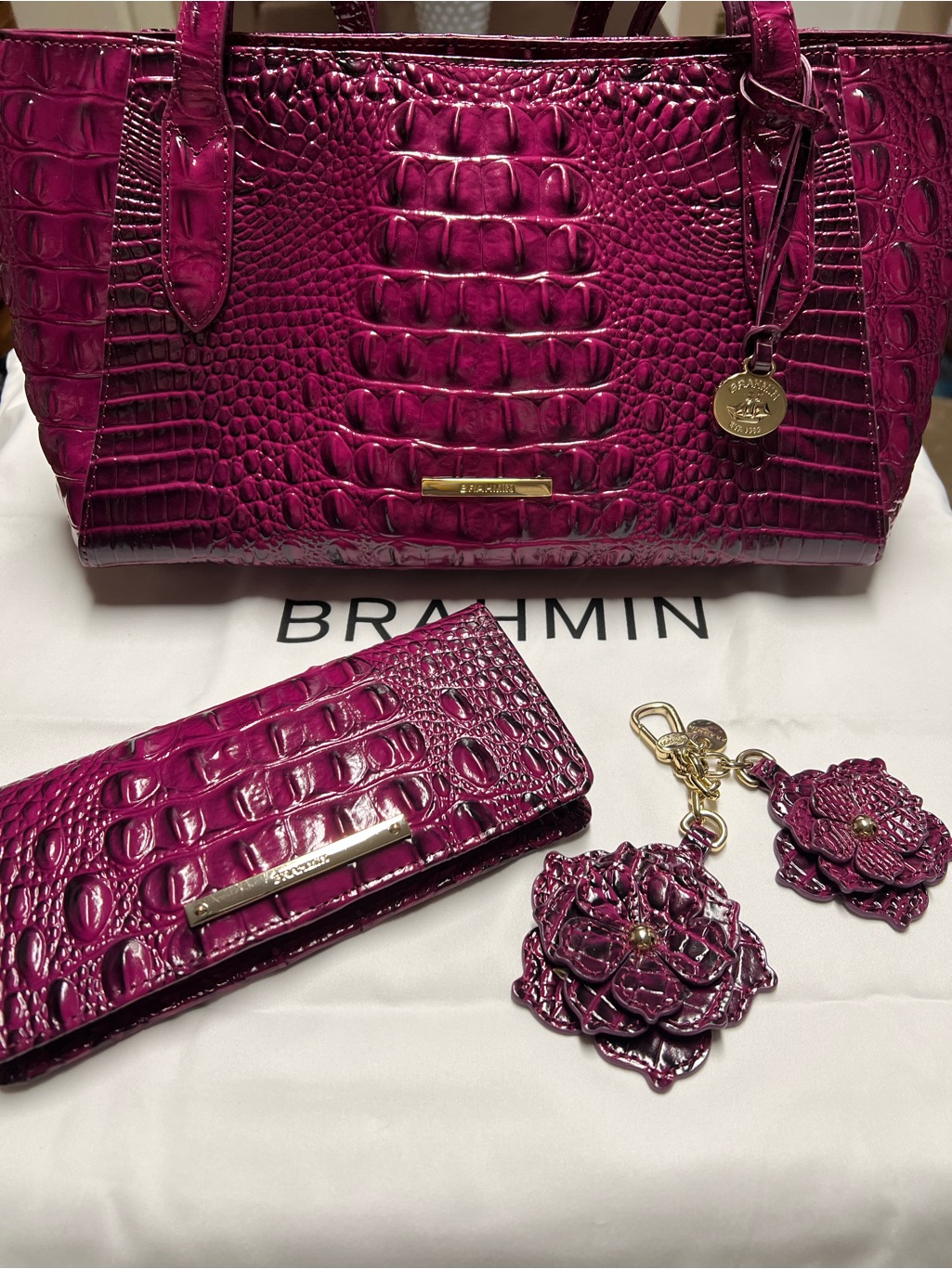 Brahmin Fuchsia Croc-Embossed Leather Tote With Matching Wallet & Floral Charms